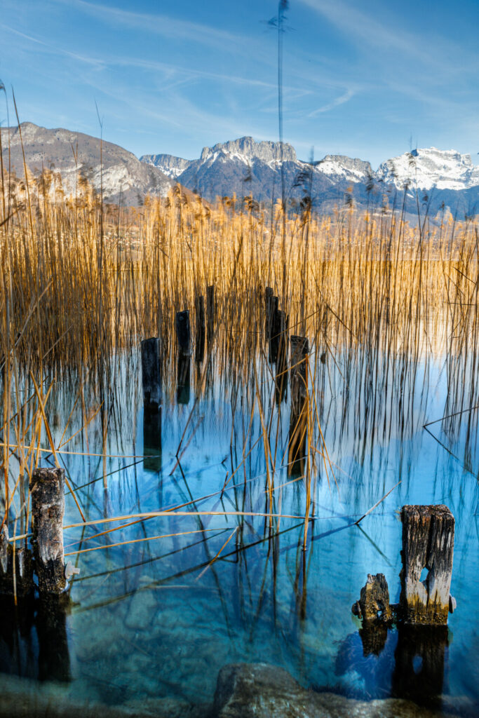 Restes d'un ponton dans les eaux turquoise du lac d'Annecy