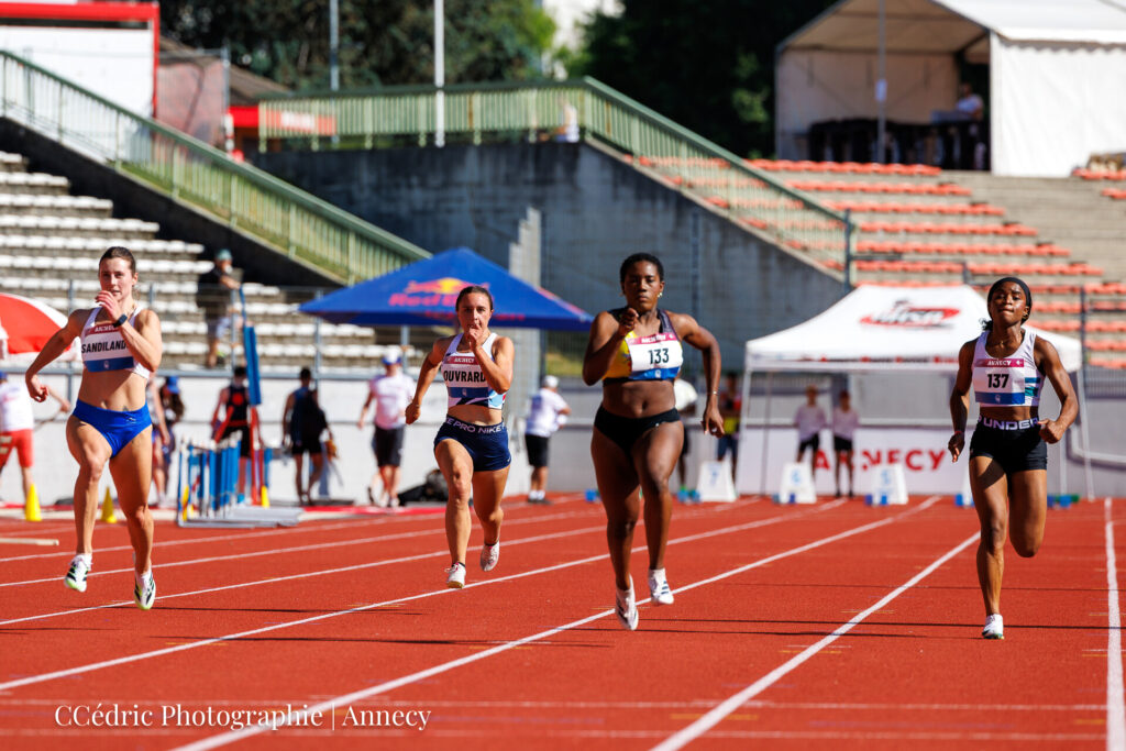 Finale du 100m féminin au meeting d'athlétisme d'Annecy : Sandilands Hannah | Ouvrard Manon | Lussi Joyce | Dang Elvina